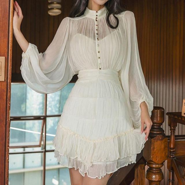 Balloon Sleeve Stand Collar Plain Ruffle Gathered Button Mini A-Line Dress Product Image