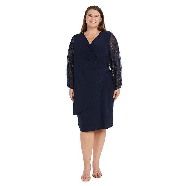 Plus Size R&M Richards Sheer Balloon Sleeve Faux Wrap Dress, Womens Blue Product Image