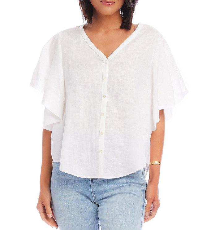 Karen Kane Linen V-Neck Short Flutter Sleeve Button Front Top Product Image