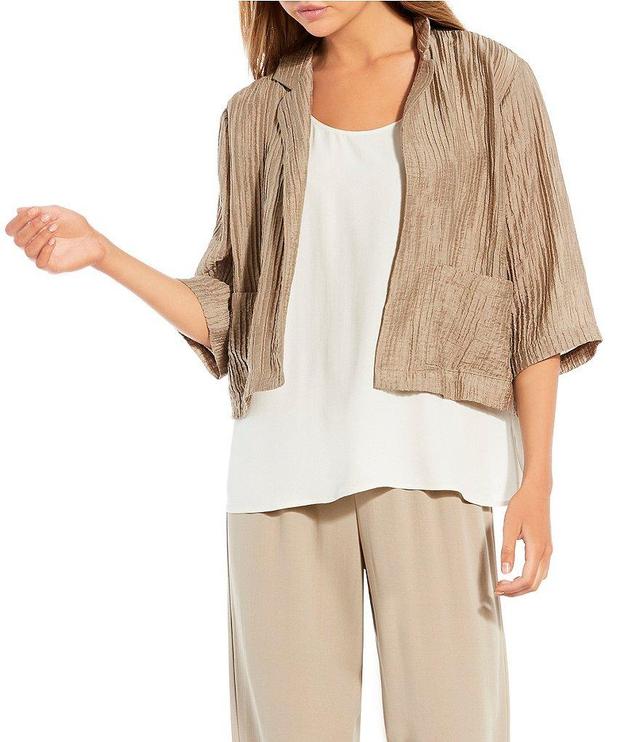 Eileen Fisher Crinkle Shimmer Stand Notch Collar 3/4 Sleeve Open-Front Jacket Product Image