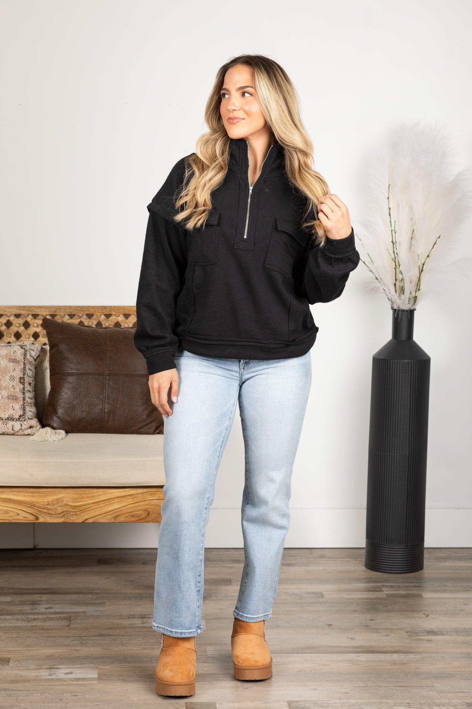 Black Mock Neck Quarter Zip Sweatshirt Product Image