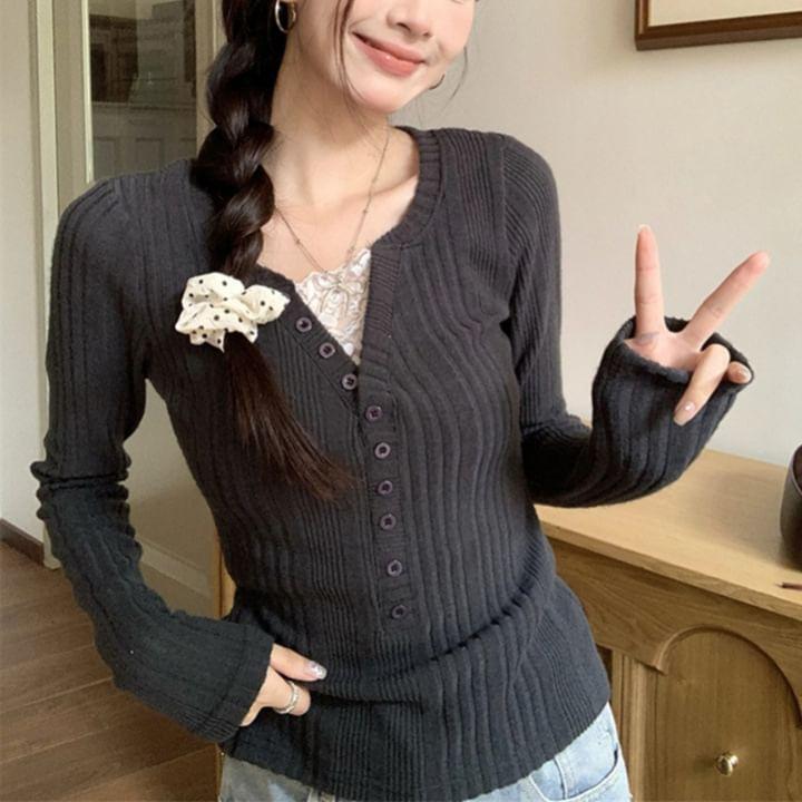 Long Sleeve Mock Two Piece Lace Panel Ribbed-Knit Slim-Fit Top Product Image