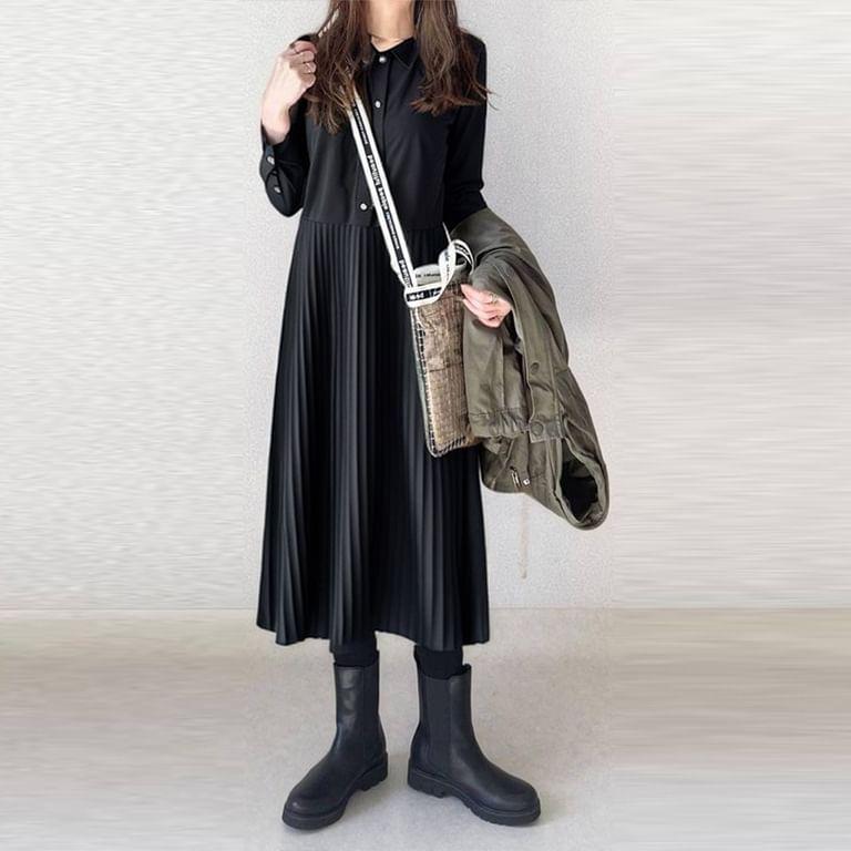 Long-Sleeve Collar Plain Button Accordion Pleated Midi A-Line Dress Product Image