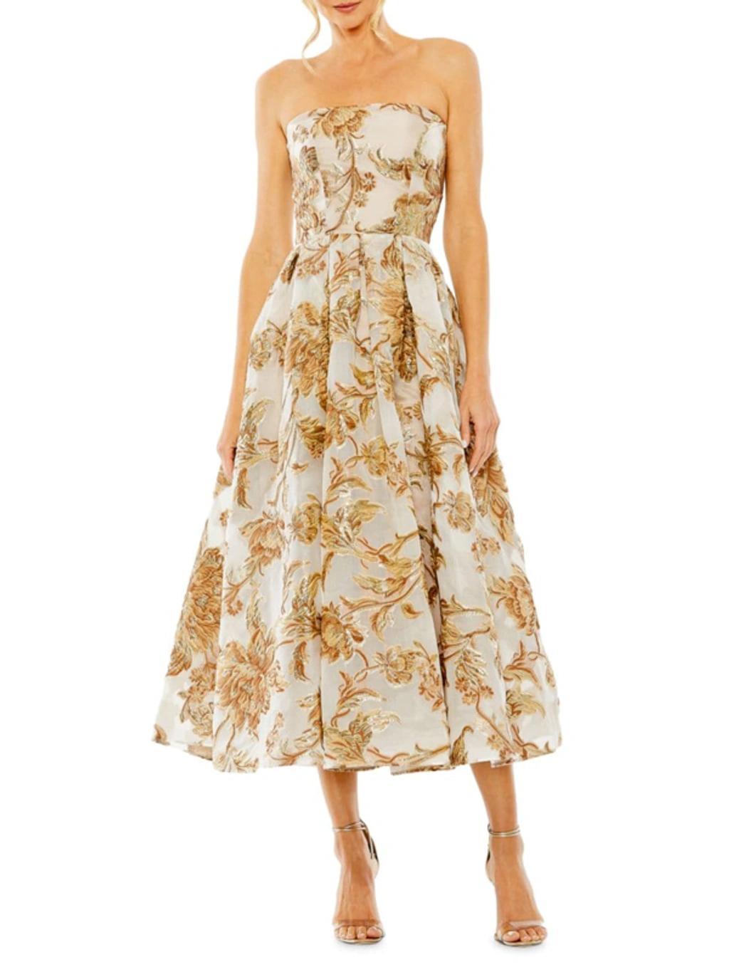 Women's Strapless Brocade Midi Dress With Pockets In Bronze Product Image