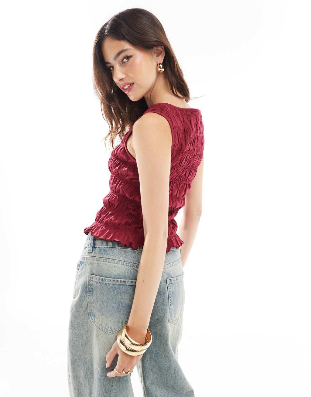 ASOS DESIGN sleeveless shirred tank in wine Product Image