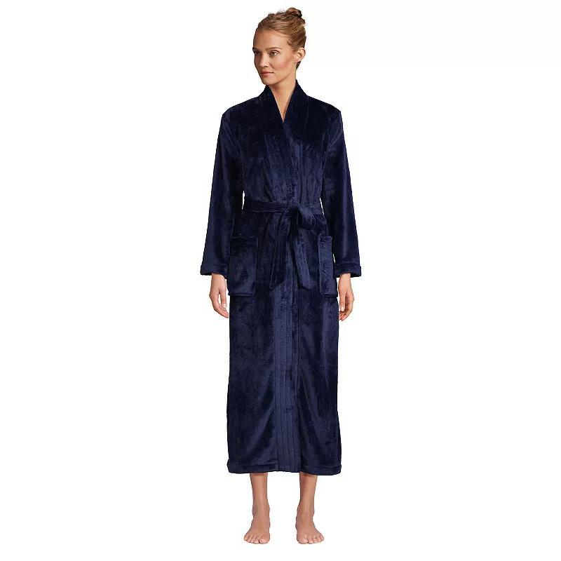 Womens Lands End Cozy Plush Long Wrap Robe Dark Green Product Image