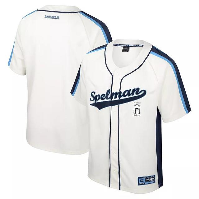 Mens Colosseum Cream Distressed Spelman College Jaguars Ruth Button-Up Baseball Jersey - Cream Product Image