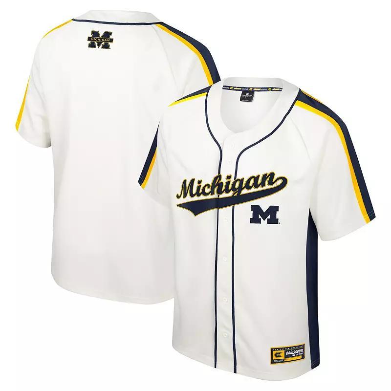 Mens Colosseum Cream Distressed Michigan Wolverines Ruth Button-Up Baseball Jersey - Cream Product Image