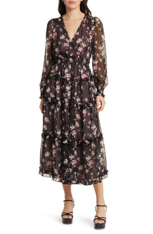 LoveShackFancy Kailo Floral Ruffle Long Sleeve Tiered Silk Midi Dress Product Image