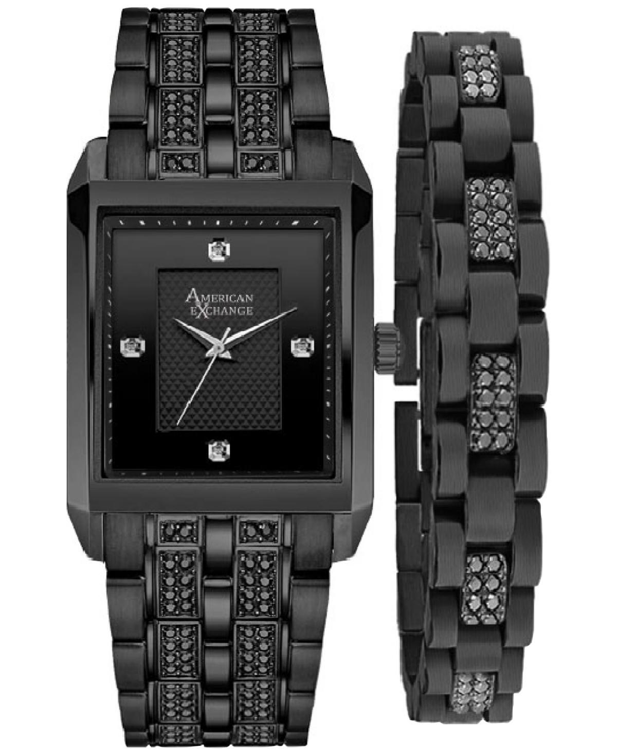 American Exchange Mens Crystal Bracelet Watch 33mm Gift Set - Black Product Image