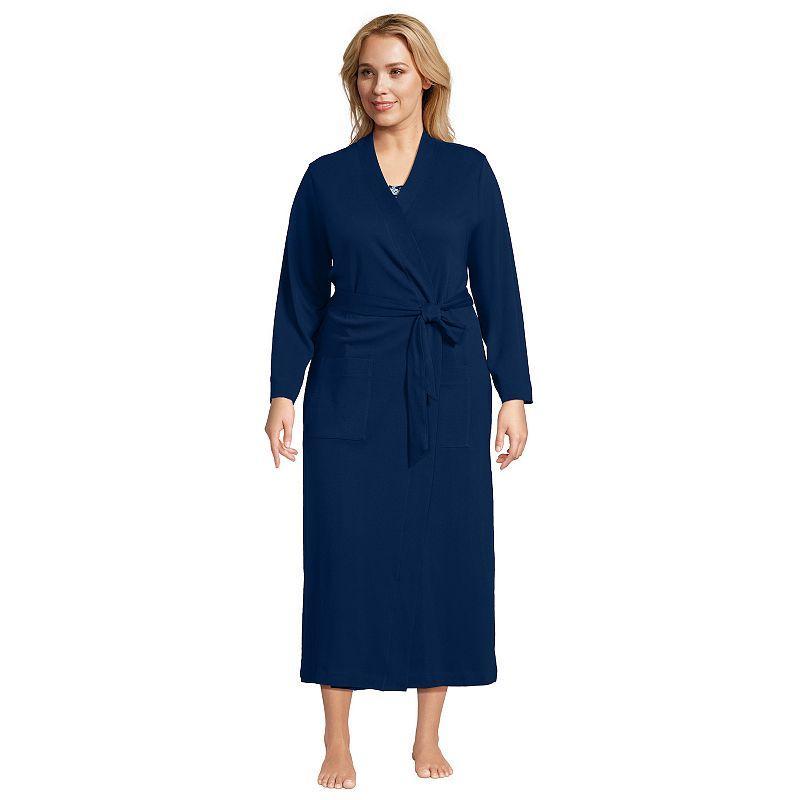 Plus Size Lands End Womens Cotton Long Sleeve Midcalf Robe Deep Blue Product Image