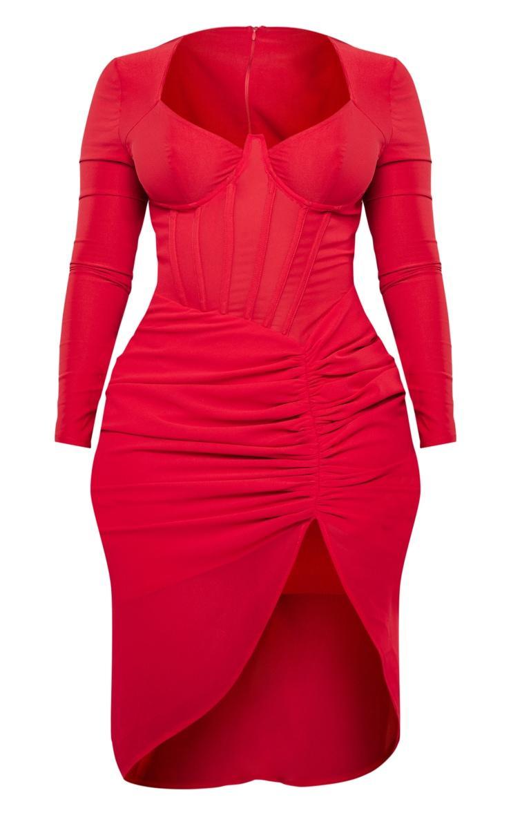 Shape Red Corset Detail Long Sleeve Ruched Midi Dress Product Image