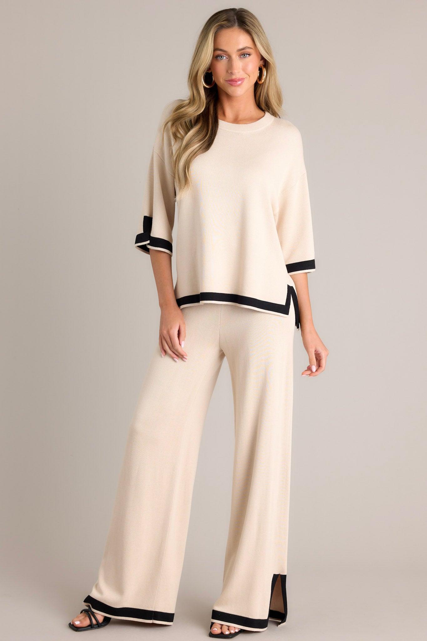 Bold Symphony Split Hem Beige Sweater Pants Product Image