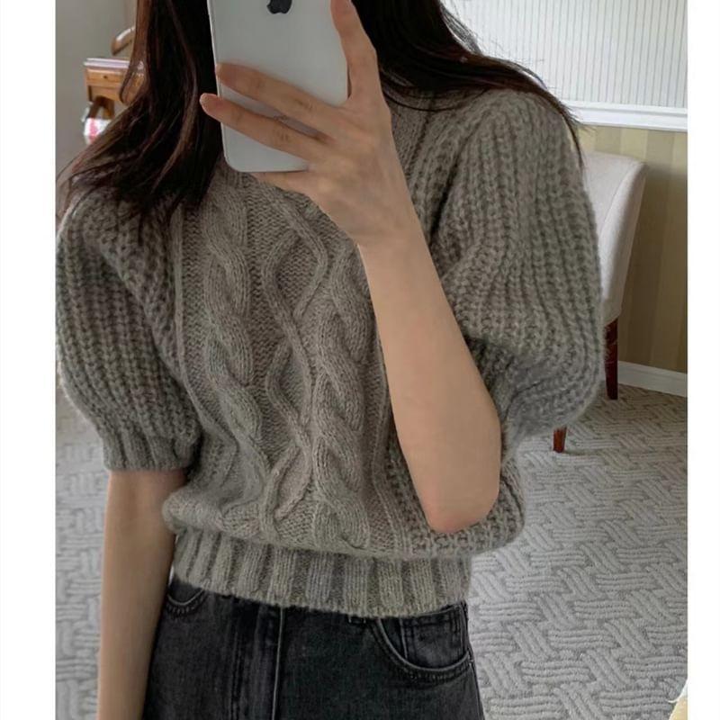 Short-Sleeve Round Neck Plain Cable Knit Top Product Image