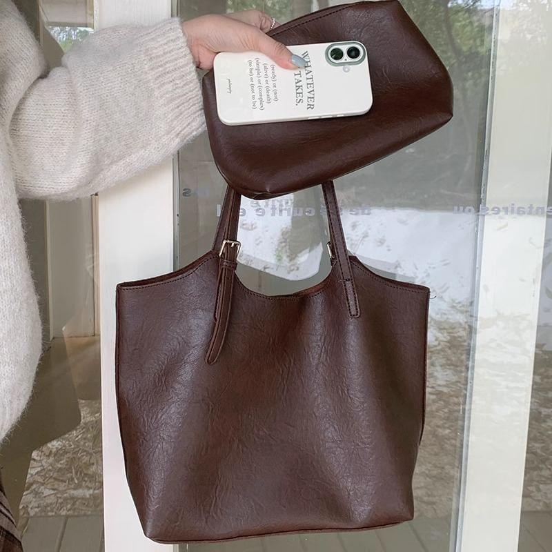 Plain Faux Leather Tote Bag Product Image