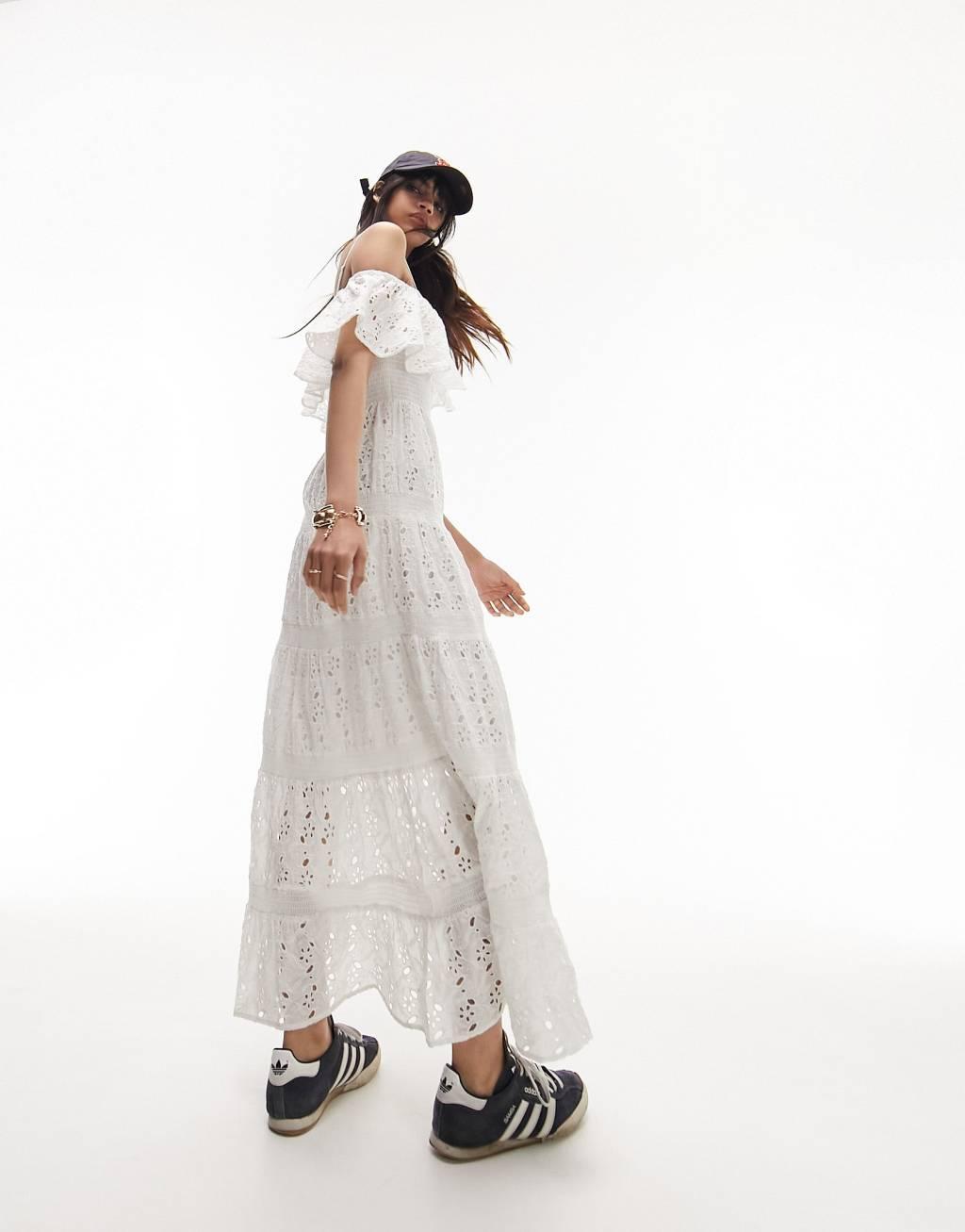 Topshop strappy broderie maxi dress with frill neck in ivory Product Image