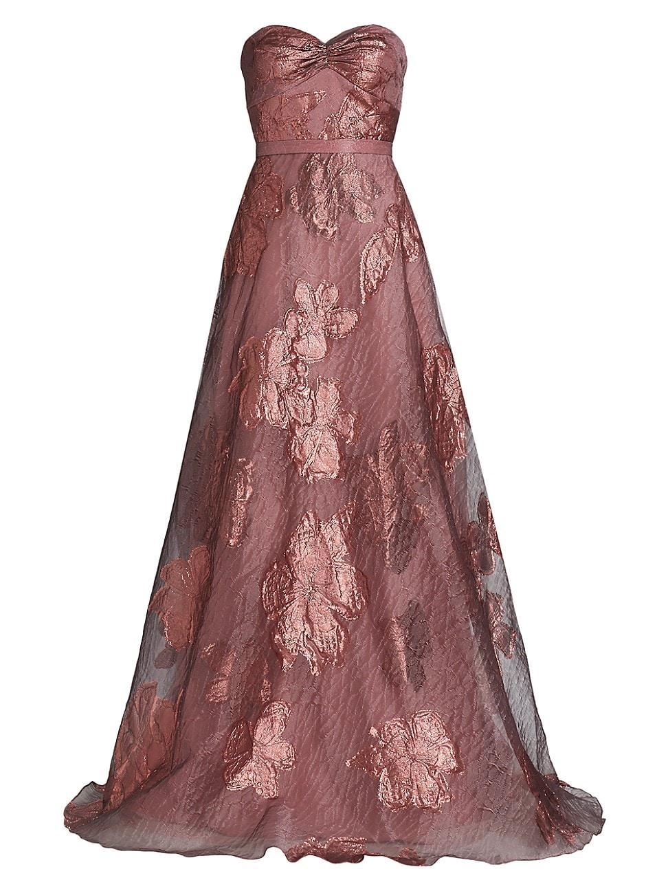 Womens Strapless Metallic Floral Gown Product Image