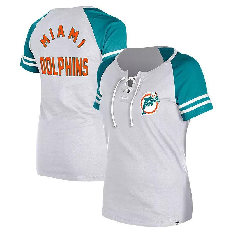 Womens New Era Gray Miami Dolphins Throwback Lace-Up Raglan T-Shirt Product Image