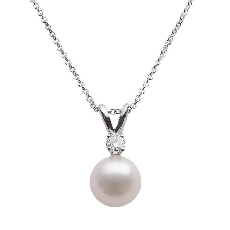 18k White Gold 1/10-ct. T.W. Diamond & AA Akoya Cultured Pearl Pendant - 16 in., Womens Product Image