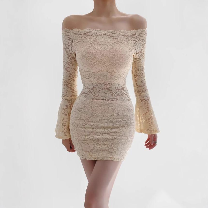 Bell Sleeve Off Shoulder Plain Lace Mini Sheath Dress Product Image