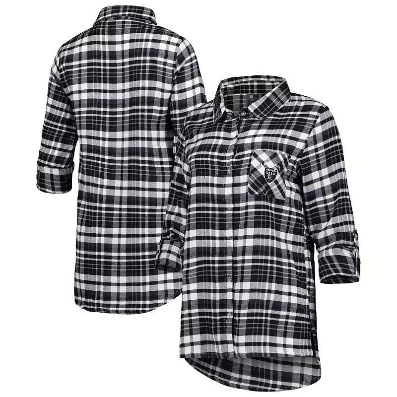 Womens Concepts Sport Black Las Vegas Raiders Mainstay Plaid Full-Button Long Sleeve Nightshirt Product Image