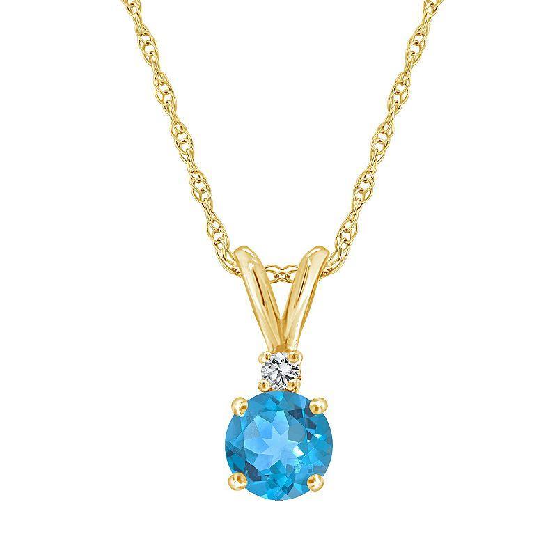 Celebration Gems 14K Yellow Gold 6mm Round Gemstone & Diamond Accent Pendant Necklace, Womens Blue Topaz Product Image