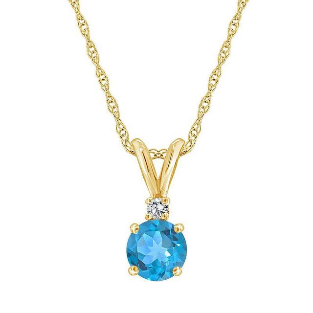 Celebration Gems 14K Yellow Gold 6mm Round Gemstone & Diamond Accent Pendant Necklace, Womens Blue Topaz Product Image