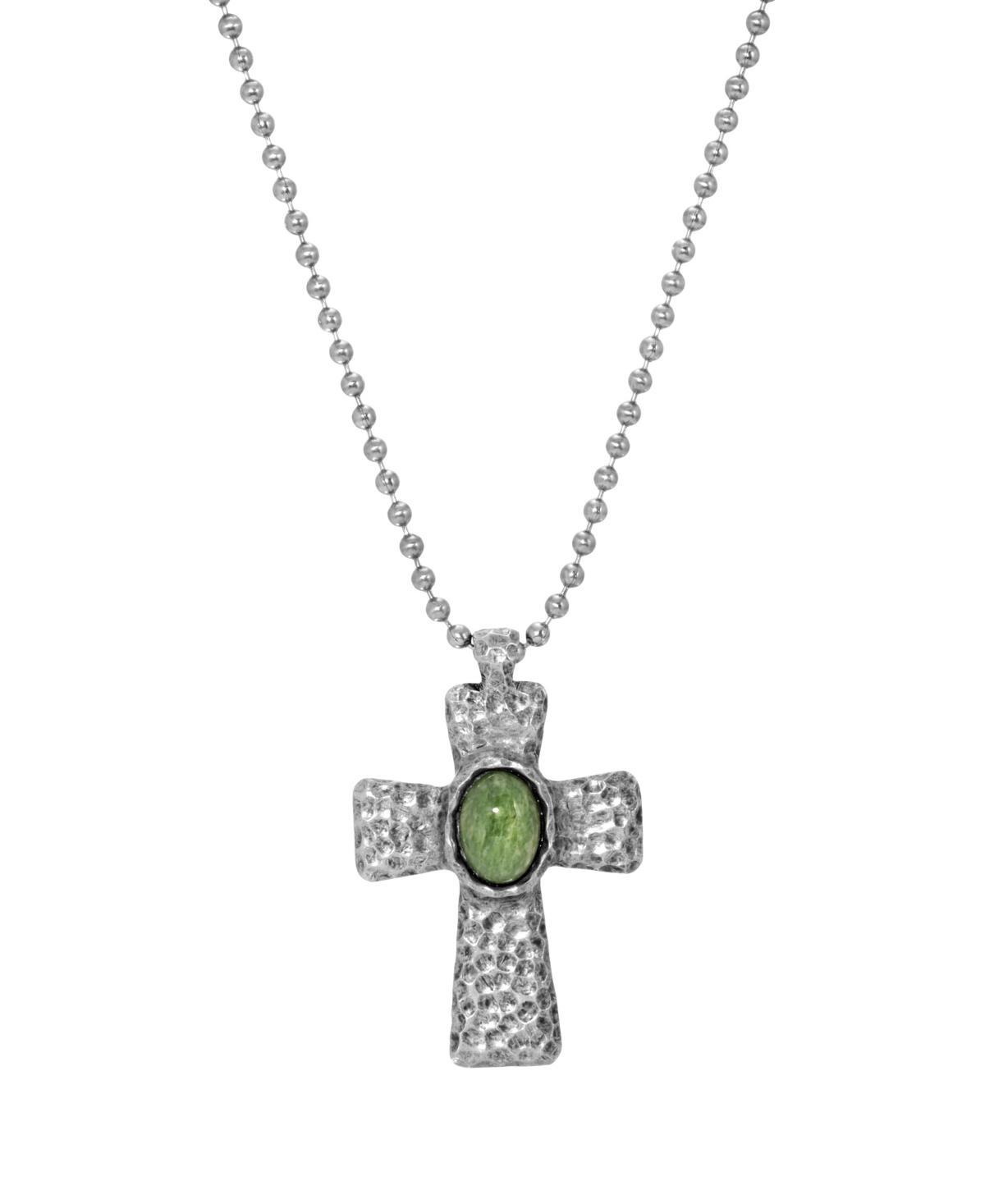 Symbols Of Faith Silver Tone Green Mens Hammered Metal Cross Necklace - 22" Product Image