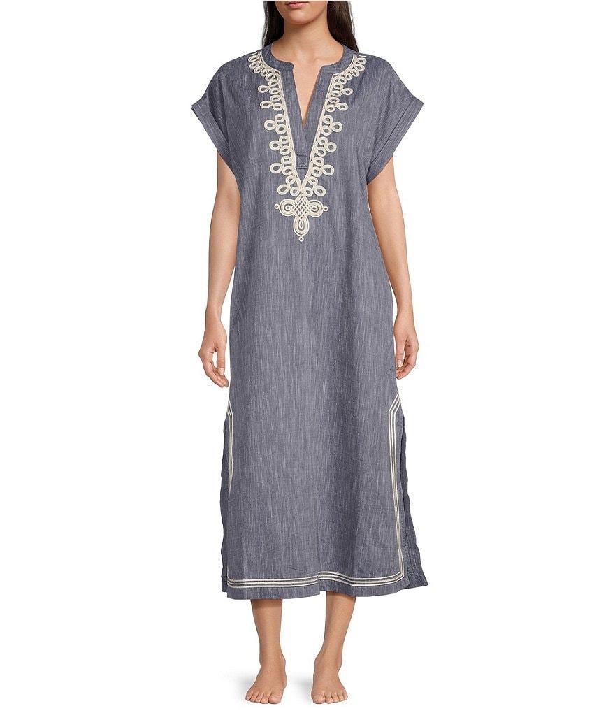 Kate Landry Cording Embroidered Trim Short Sleeve Split V-Neck Woven Caftan Product Image