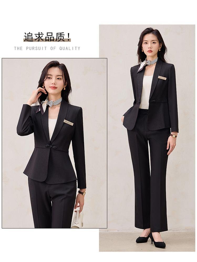 Shawl Lapel Plain Frog Closure Blazer / High Waist Flared Dress Pants / Set Product Image