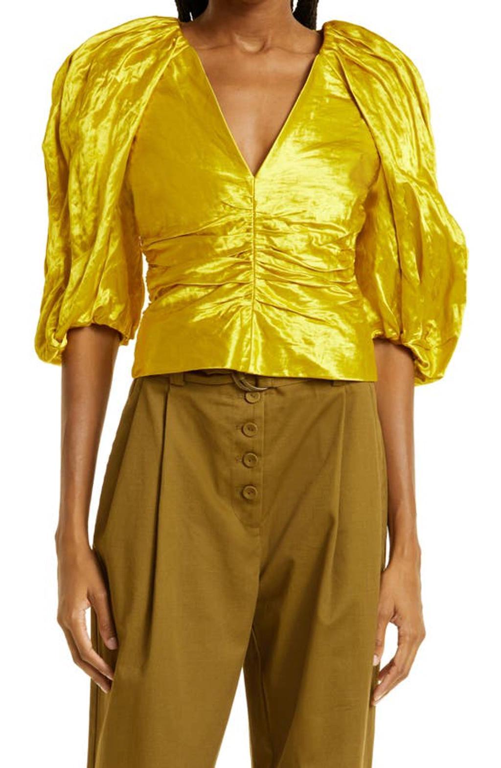 Vera Ruched Duchesse-satin Top In Golden Beryl Product Image