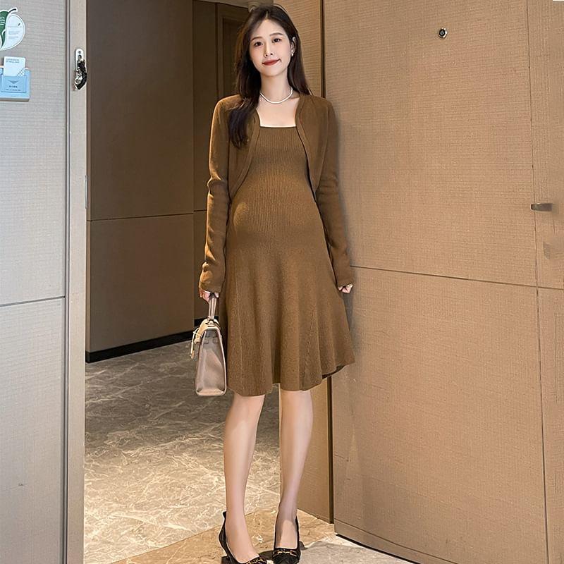 Maternity Set: Sleeveless Square Neck Plain Knit Mini Dress + Crop Cardigan Product Image