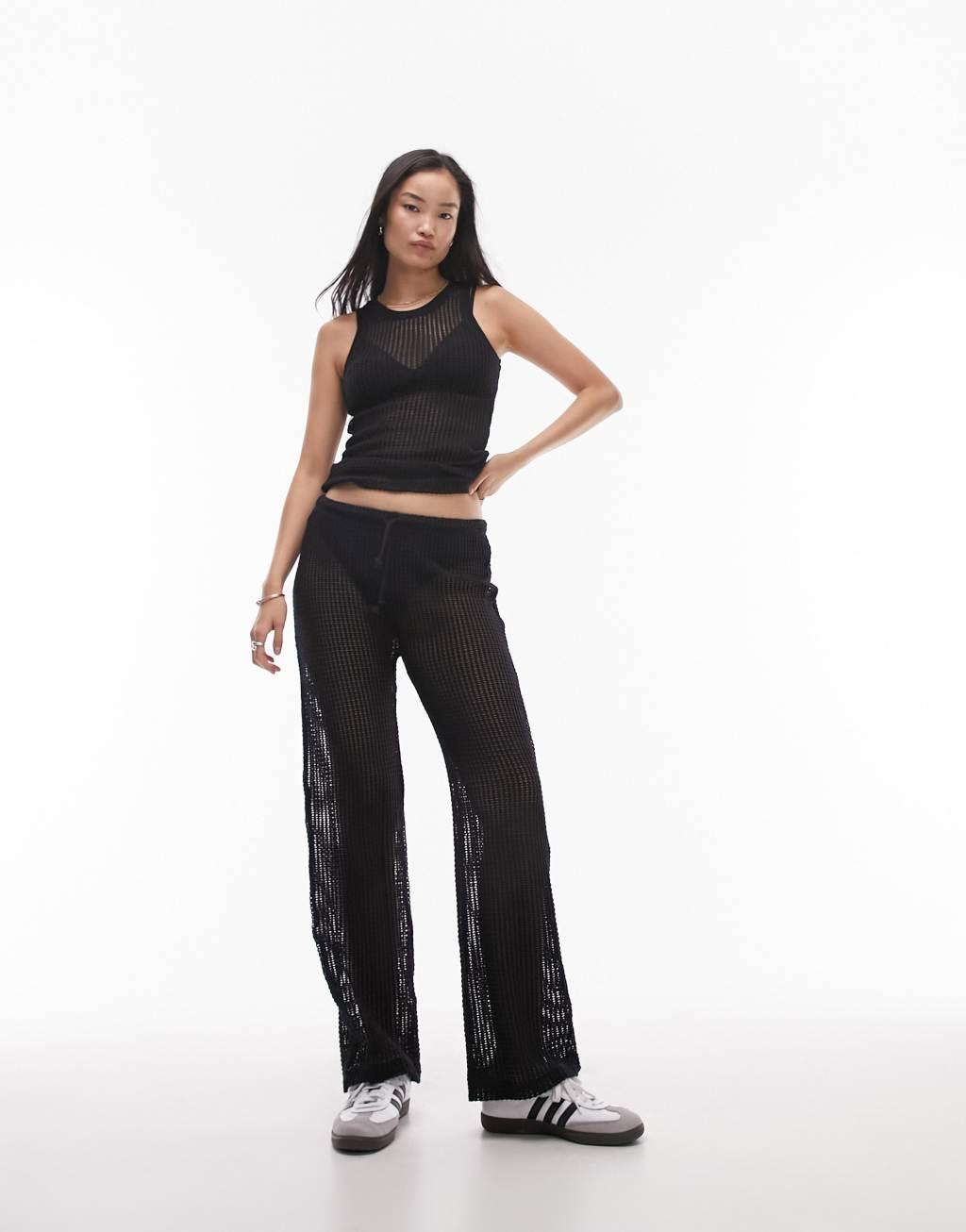 Topshop beachy loose knit wide leg pants in black - part of a set  Product Image