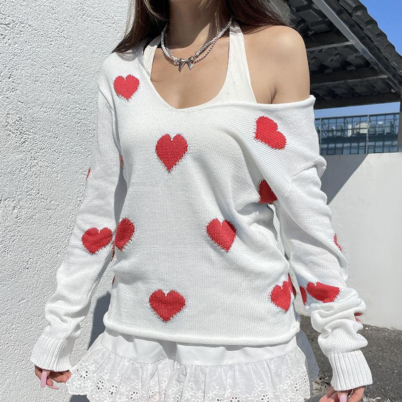 Long Sleeve Cold-Shoulder Heart Print Loose-Fit Sweater Product Image