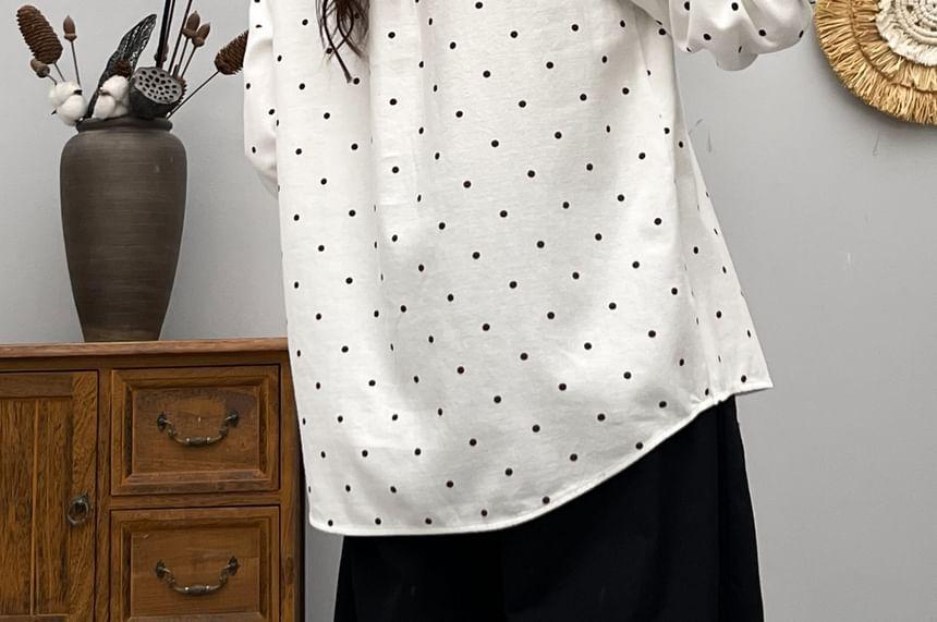 Long Sleeve Lapel Collar Dotted Button Shirt Product Image