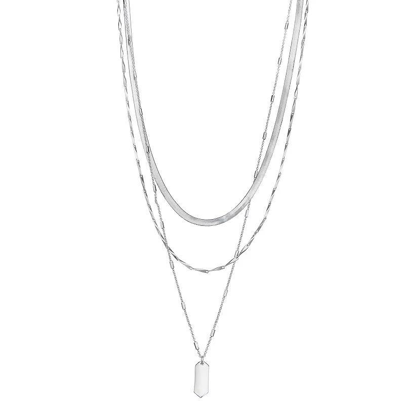 Nine West Silver Tone Triple-Strand Mixed Chain Geometric Pendant Necklace, Womens Product Image