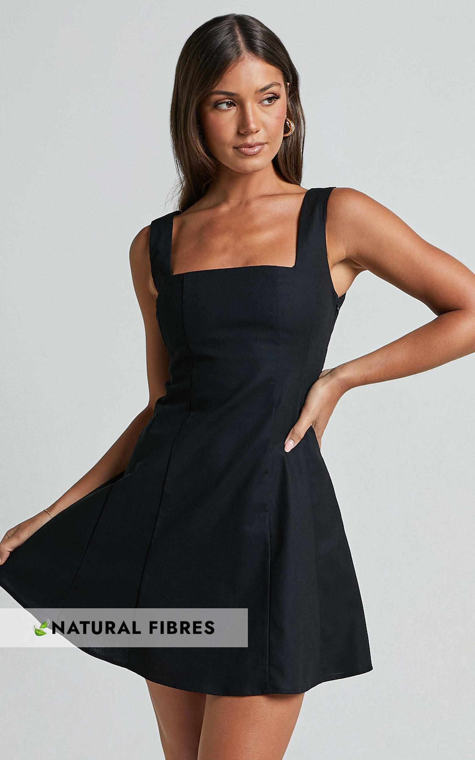 Adiana Mini Dress - Linen Look Square Neck Shirred Back A Line Dress in Black product image