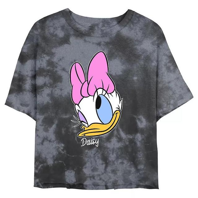 Disneys Daisy Duck Juniors Winking Face Portrait Wash Crop Tee, Girls Black Grey Product Image