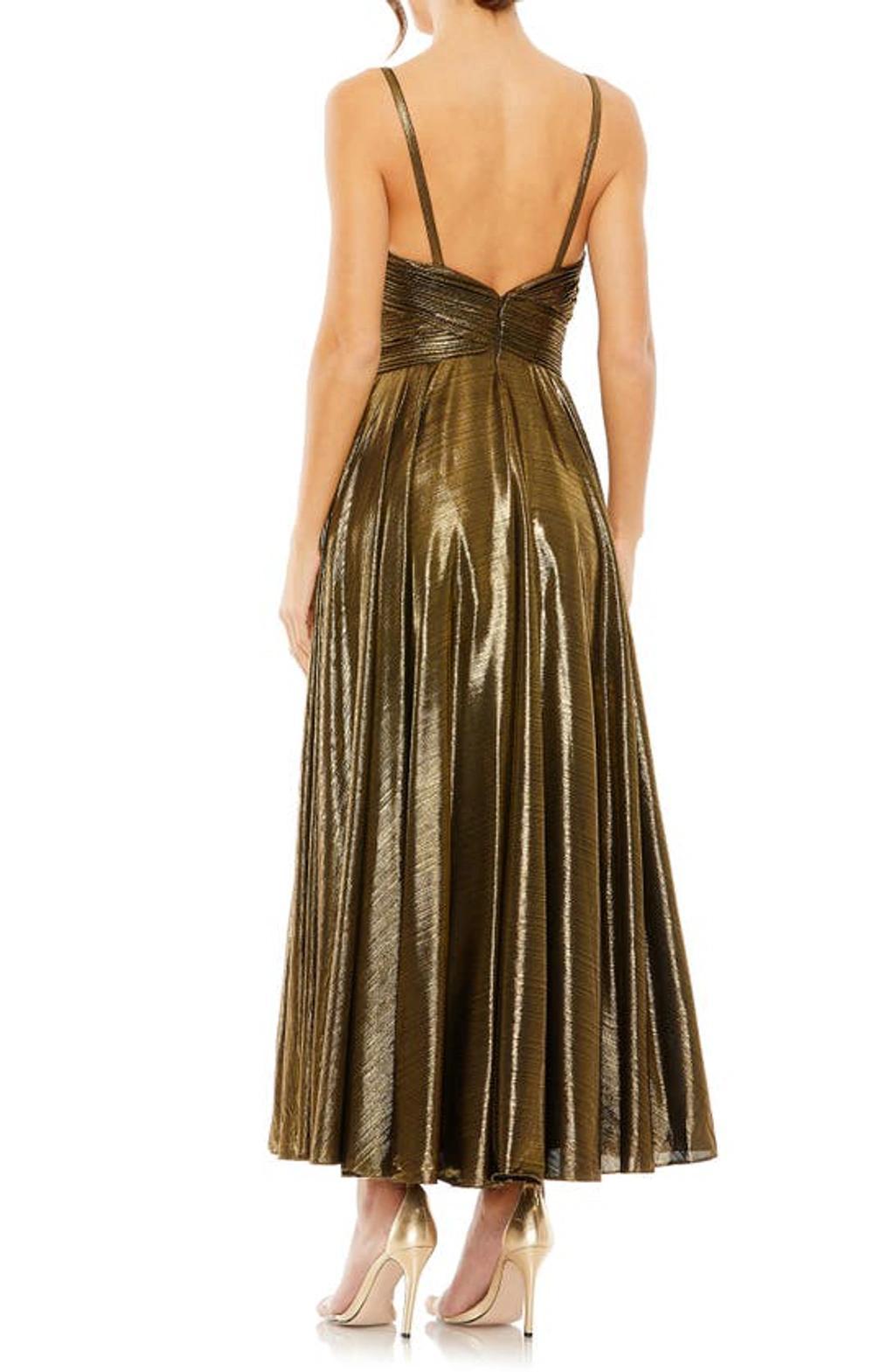 Pleated Metallic Cocktail Dress In Antique Gold Product Image