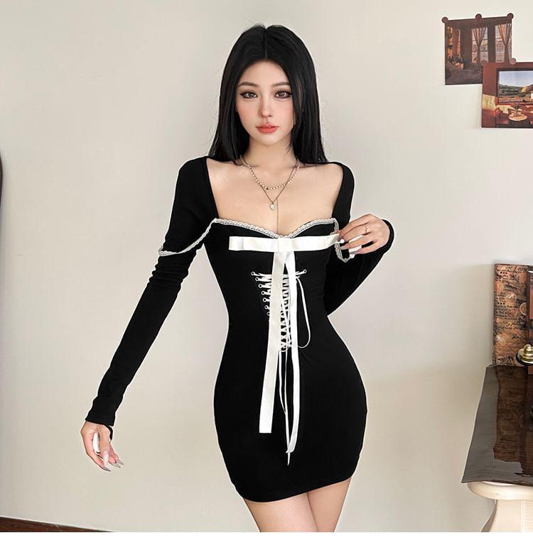 Long-Sleeve Plain Lace-Up Lace Trim Bow Mini Bodycon Dress Product Image