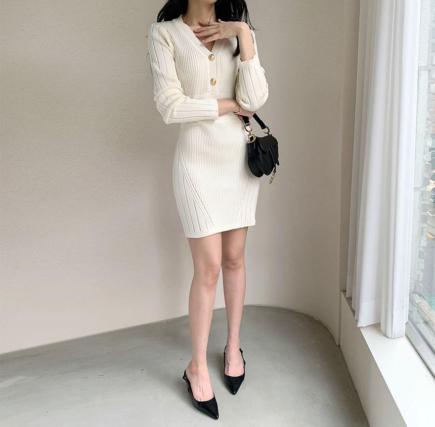 Long-Sleeve V-Neck Plain Pointelle Mini Sheath Knit Dress Product Image