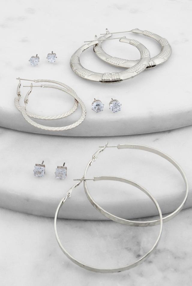 Textured Hoop Earrings and Cubic Zirconia Stud Earrings Set of 6 Female Product Image