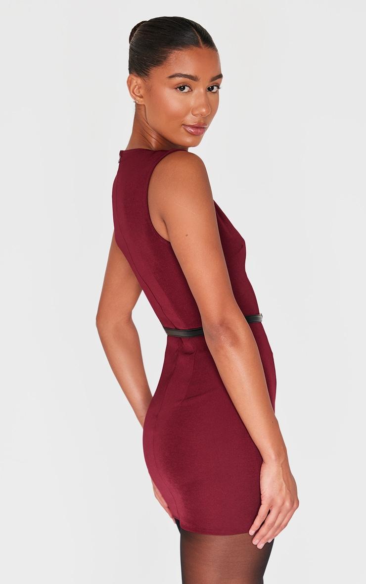 Wine Belted Boat Neck Mini Dress Product Image