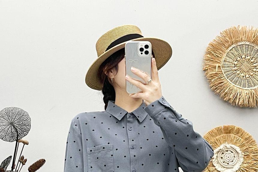 Long Sleeve Lapel Collar Dotted Button Shirt Product Image