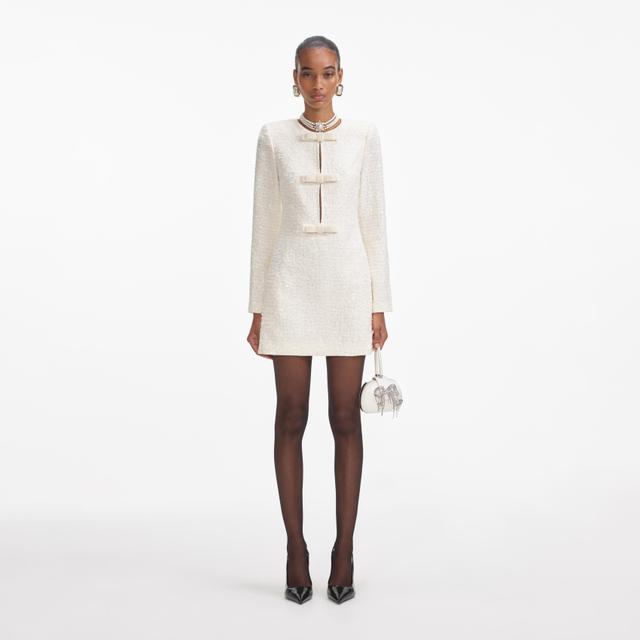 Cream Boucle Diamante Bow Mini Dress Product Image