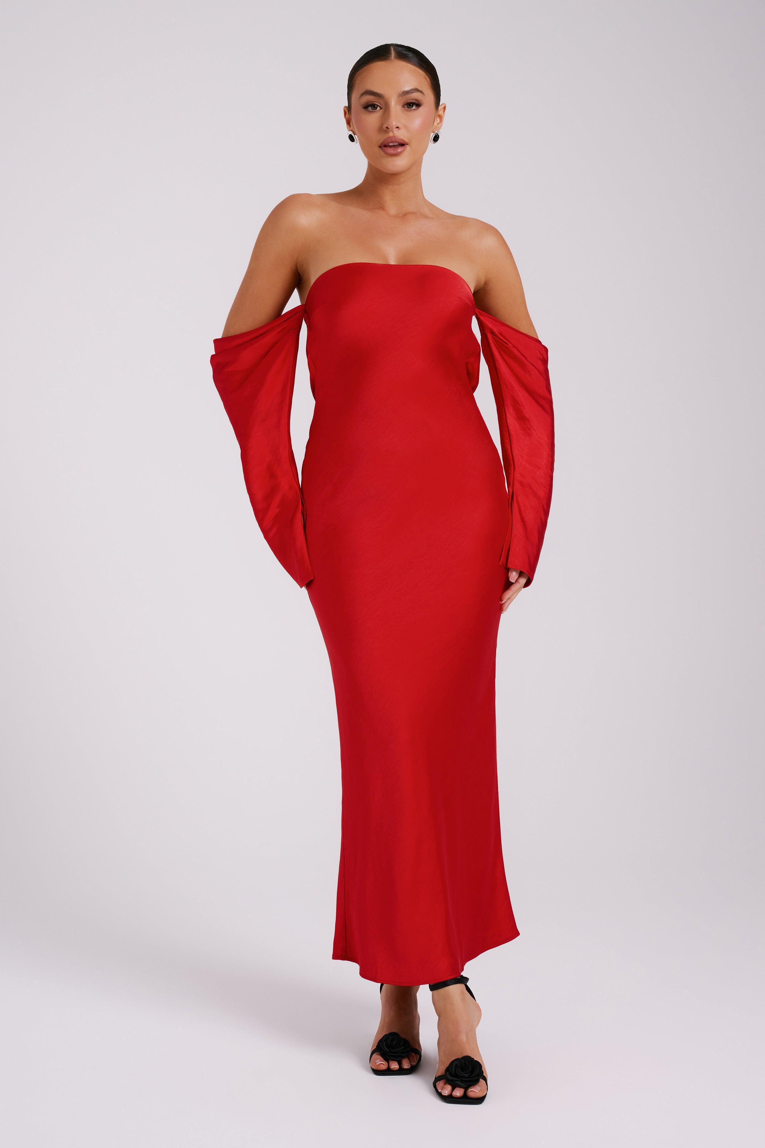 Vee Off Shoulder Satin Midi Dress - Red Product Image