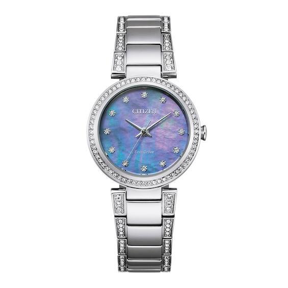 Ladies' Citizen Eco-DriveÂ® Crystal Accent Watch with Blue Mother-of-Pearl Dial (Model: Em0840-59N) Product Image