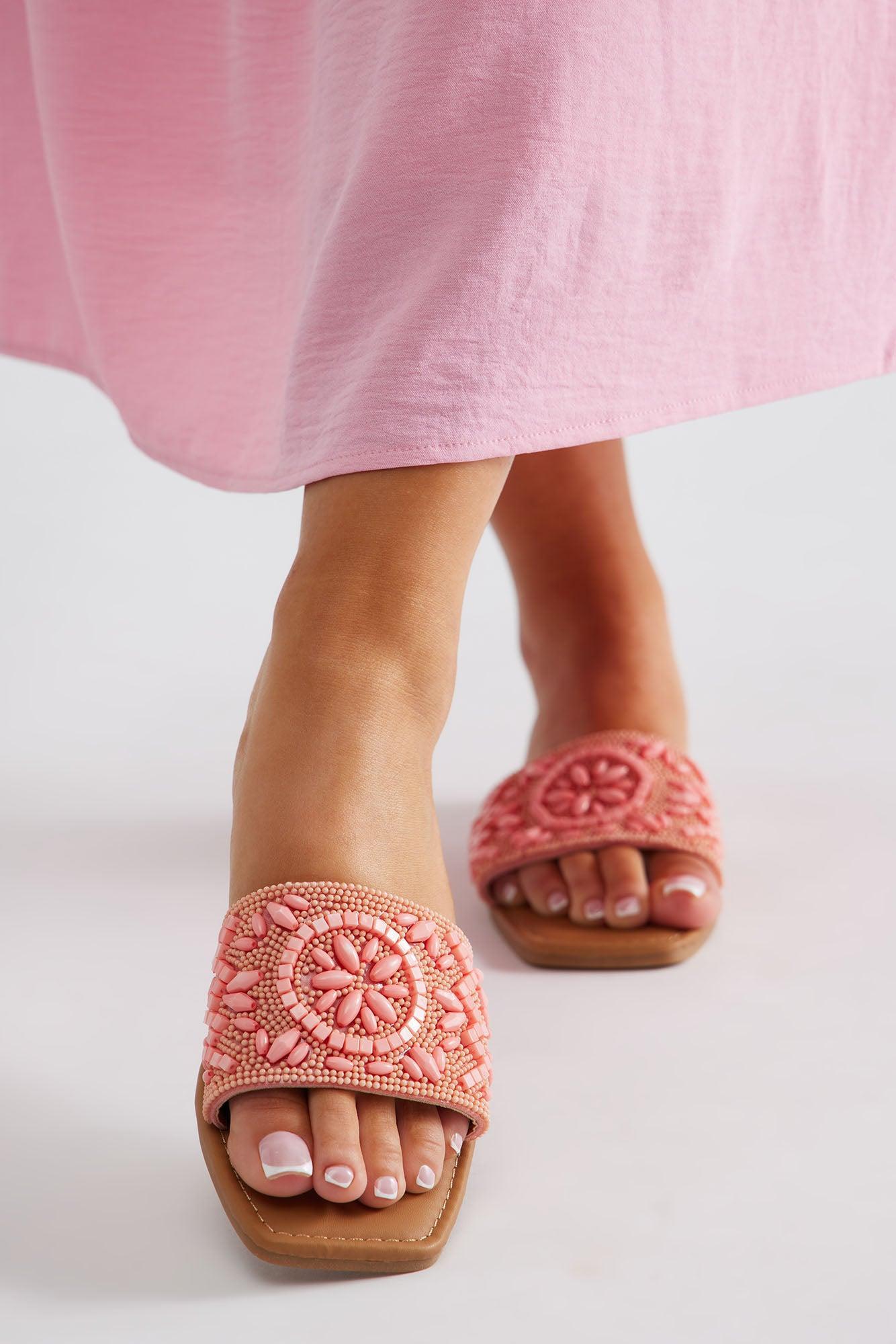 Vacation Vibes Beaded Sandals - Pink Product Image