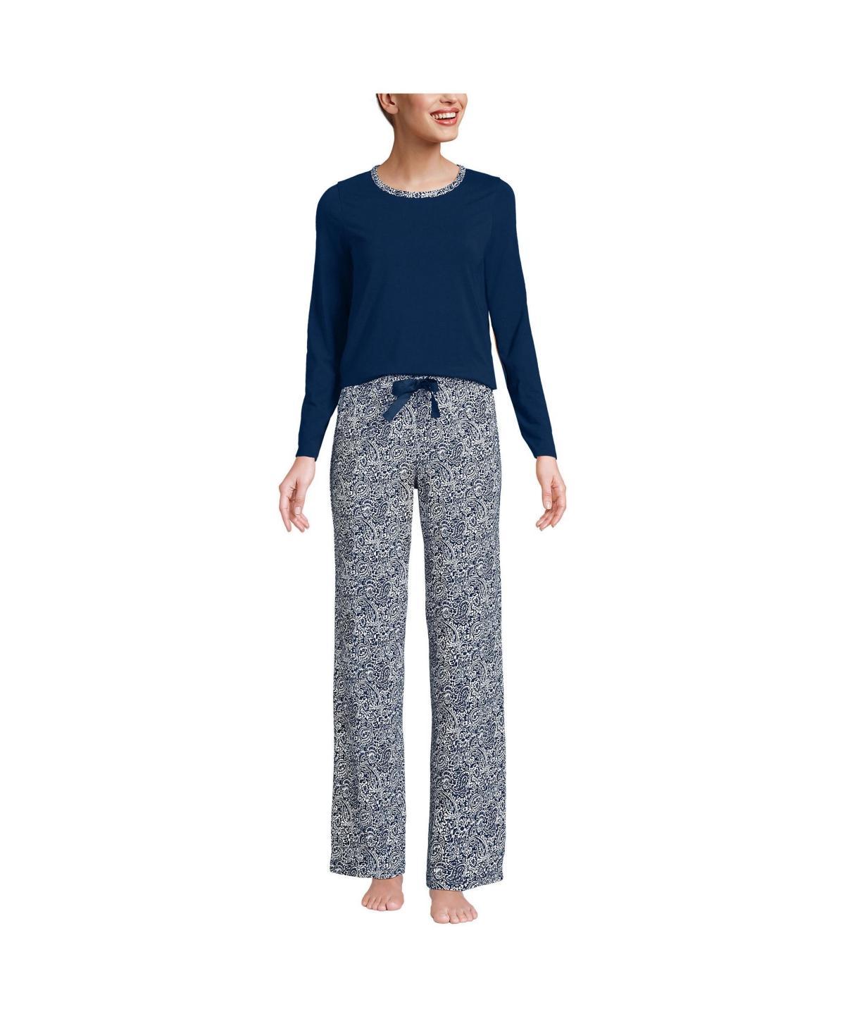 Petite Lands End Womens Knit Long Sleeve Pajama Top & Pajama Pants Sleep Set Blue Tiny Flowers Product Image