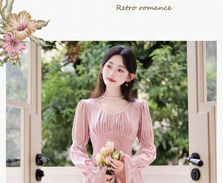 Long-Sleeve U-Neck Velvet Midi A-Line Dress Product Image